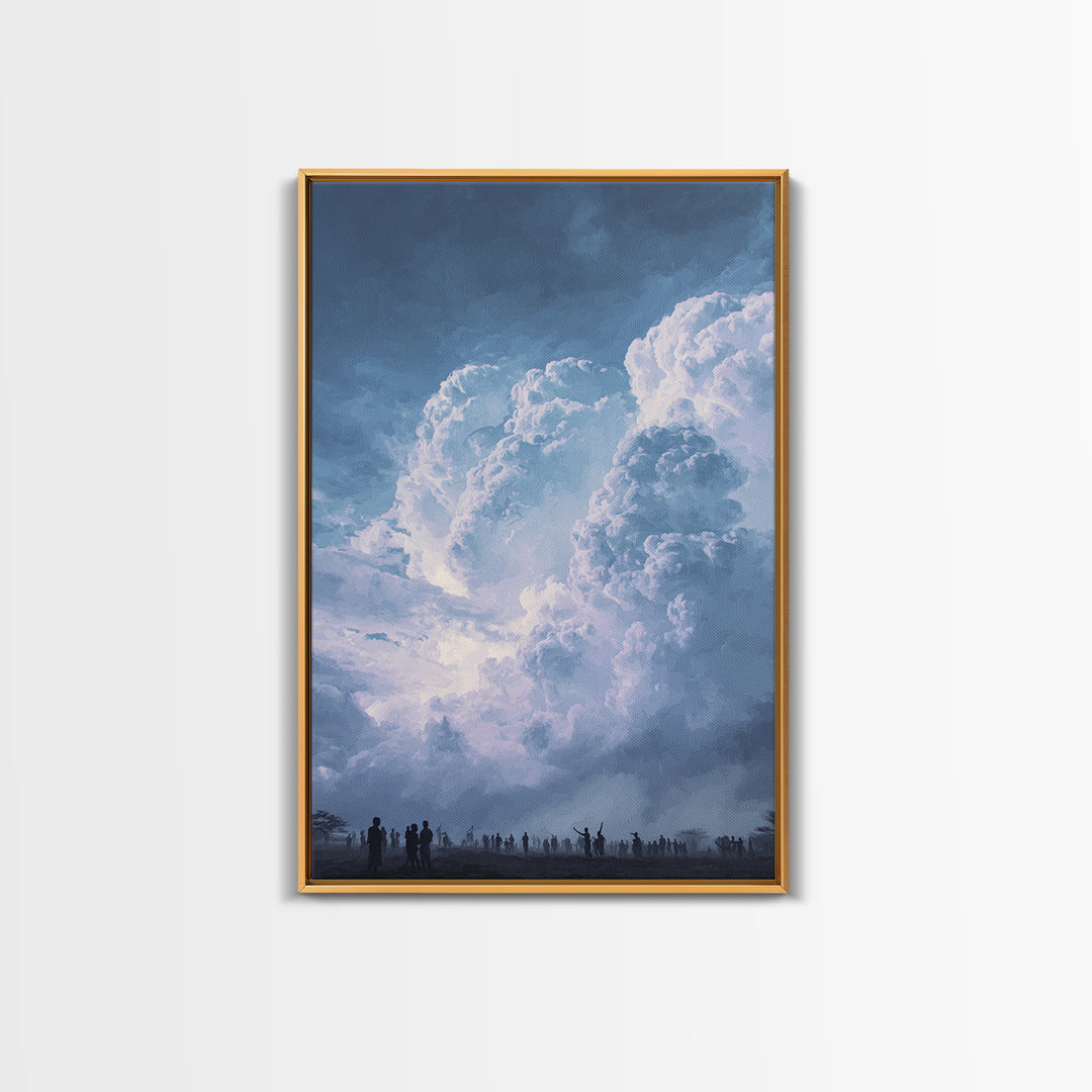 Towering White Storm Clouds Over African Horizon Framed Canvas Print, Dramatic Blue Wall Decor, Spiritual Afrocentric Art
