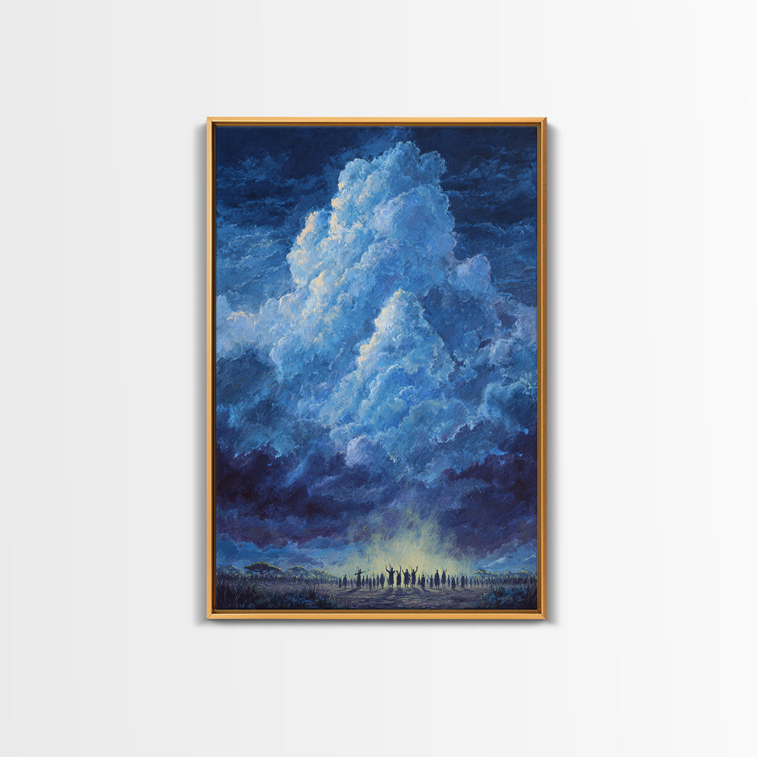 Deep Blue Thundercloud Over African Crowd Canvas Print, Dramatic Storm Sky Wall Decor, Spiritual Safari Art, Statement Gift
