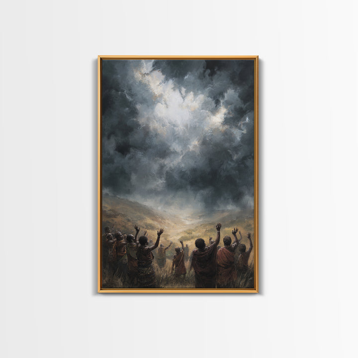African Villagers Raising Hands To Dark Storm Sky Wall Art, Dramatic Spiritual Canvas, Cultural Decor, Black Art Gift For Home