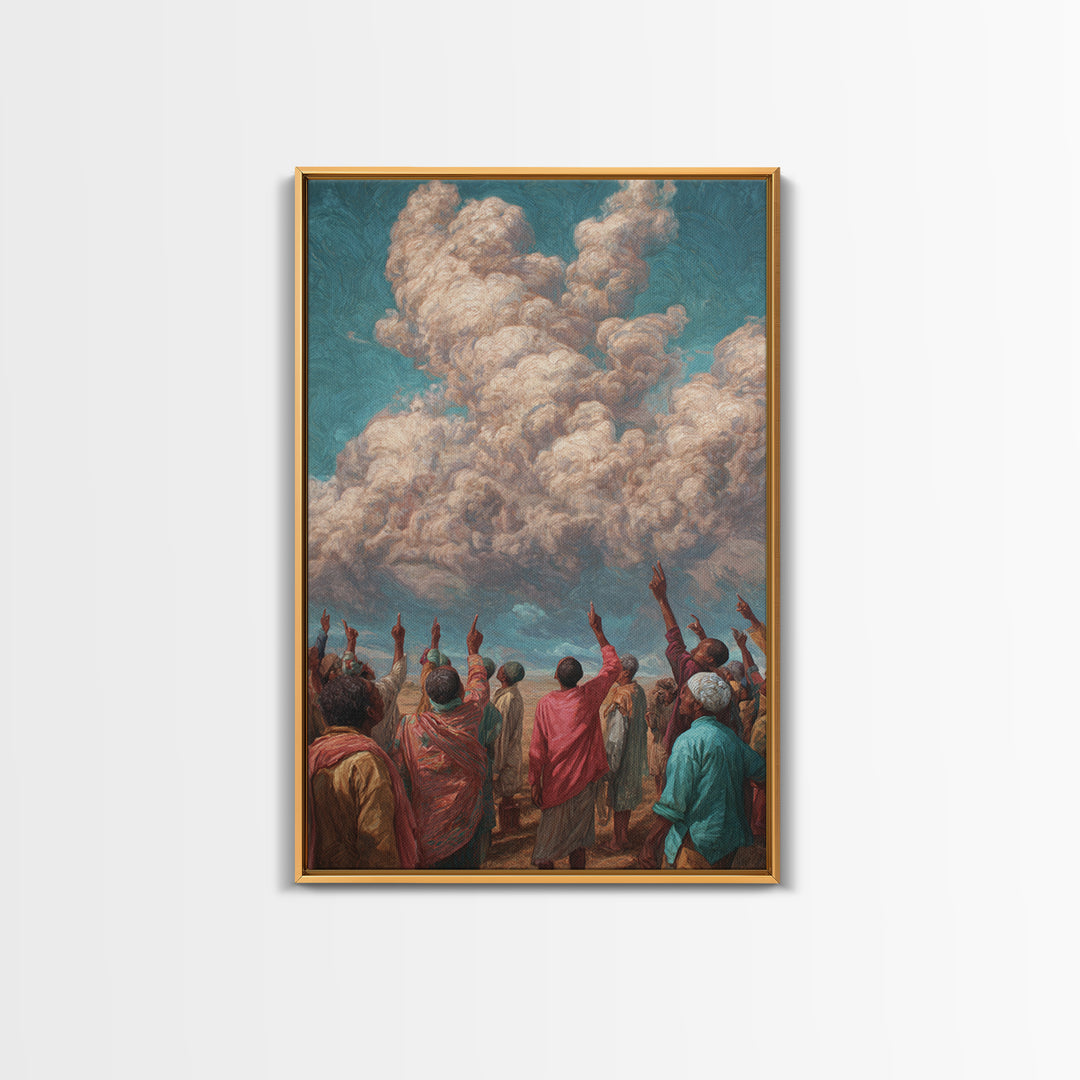 African Gathering Pointing To Rose Clouds Canvas Print, Colorful Cultural Wall Decor, Afrocentric Home Art, Unique Gift Idea