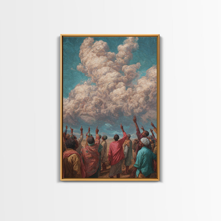 African Gathering Pointing To Rose Clouds Canvas Print, Colorful Cultural Wall Decor, Afrocentric Home Art, Unique Gift Idea