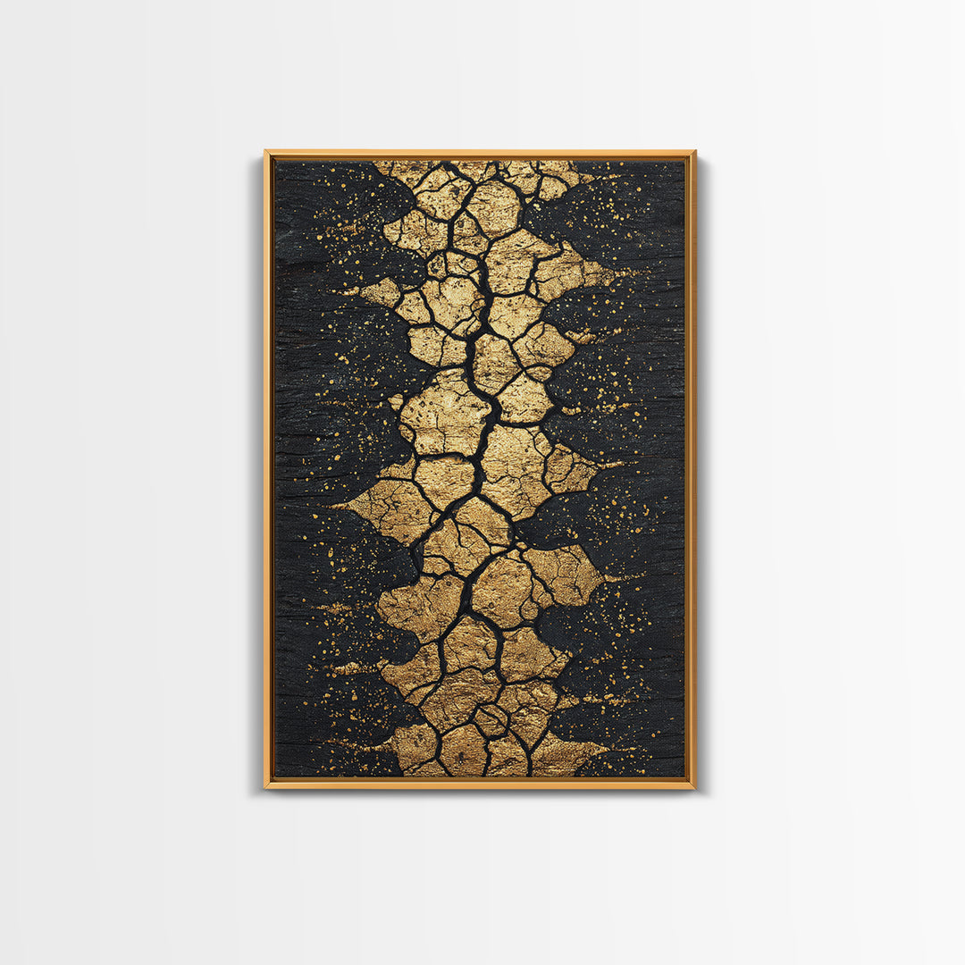 Gold Cracked Earth Africa Inspired Abstract Wall Art, Black And Gold Canvas Decor, Modern Afrocentric Texture, Luxury Gift