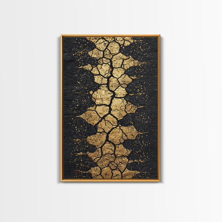 Gold Cracked Earth Africa Inspired Abstract Wall Art, Black And Gold Canvas Decor, Modern Afrocentric Texture, Luxury Gift