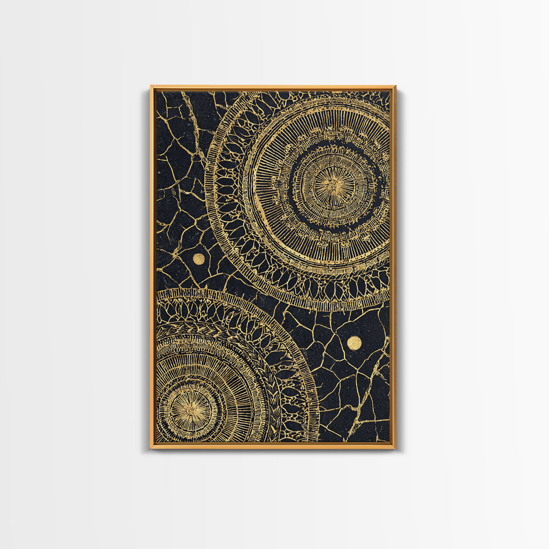 Black And Gold Tribal Mandala Pattern Framed Canvas Print, Geometric African Wall Decor, Abstract Ethnic Art, Luxury Gift