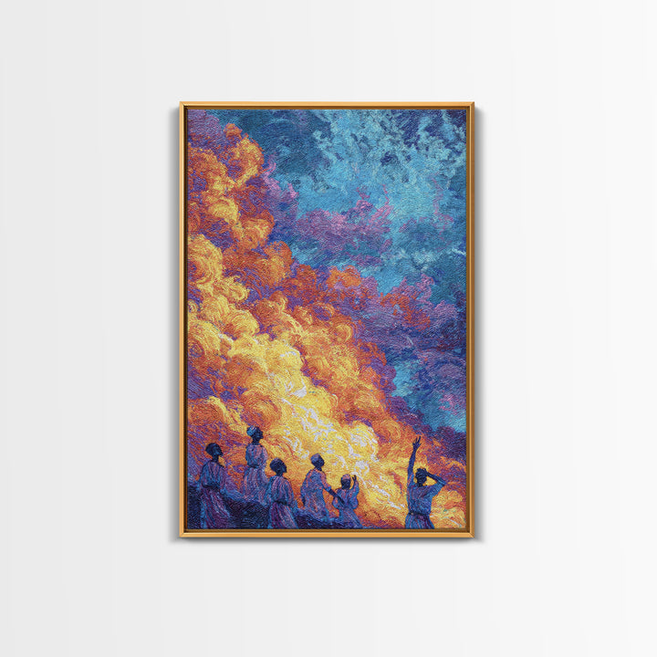 Figures Under Fiery Orange And Blue Sky Canvas Print, African Wall Art, Black People Art, Cultural Home Decor Gift, Statement Wall Decor