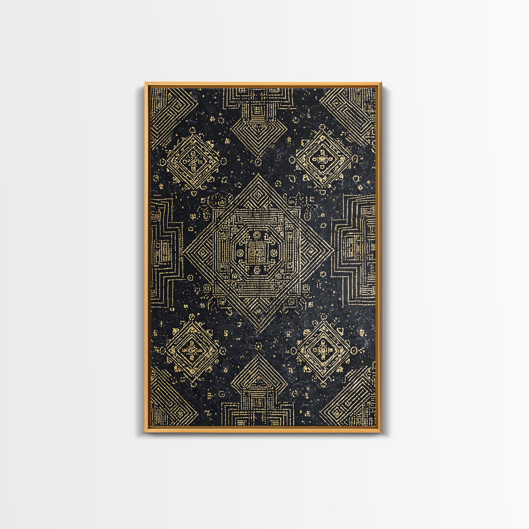 Black And Gold Sacred Geometric Pattern Framed Canvas Print, African Tribal Art, Luxury Wall Art, Spiritual Home Decor Gift