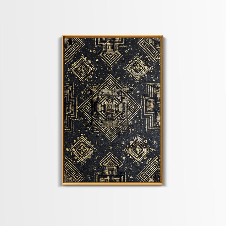 Black And Gold Sacred Geometric Pattern Framed Canvas Print, African Tribal Art, Luxury Wall Art, Spiritual Home Decor Gift