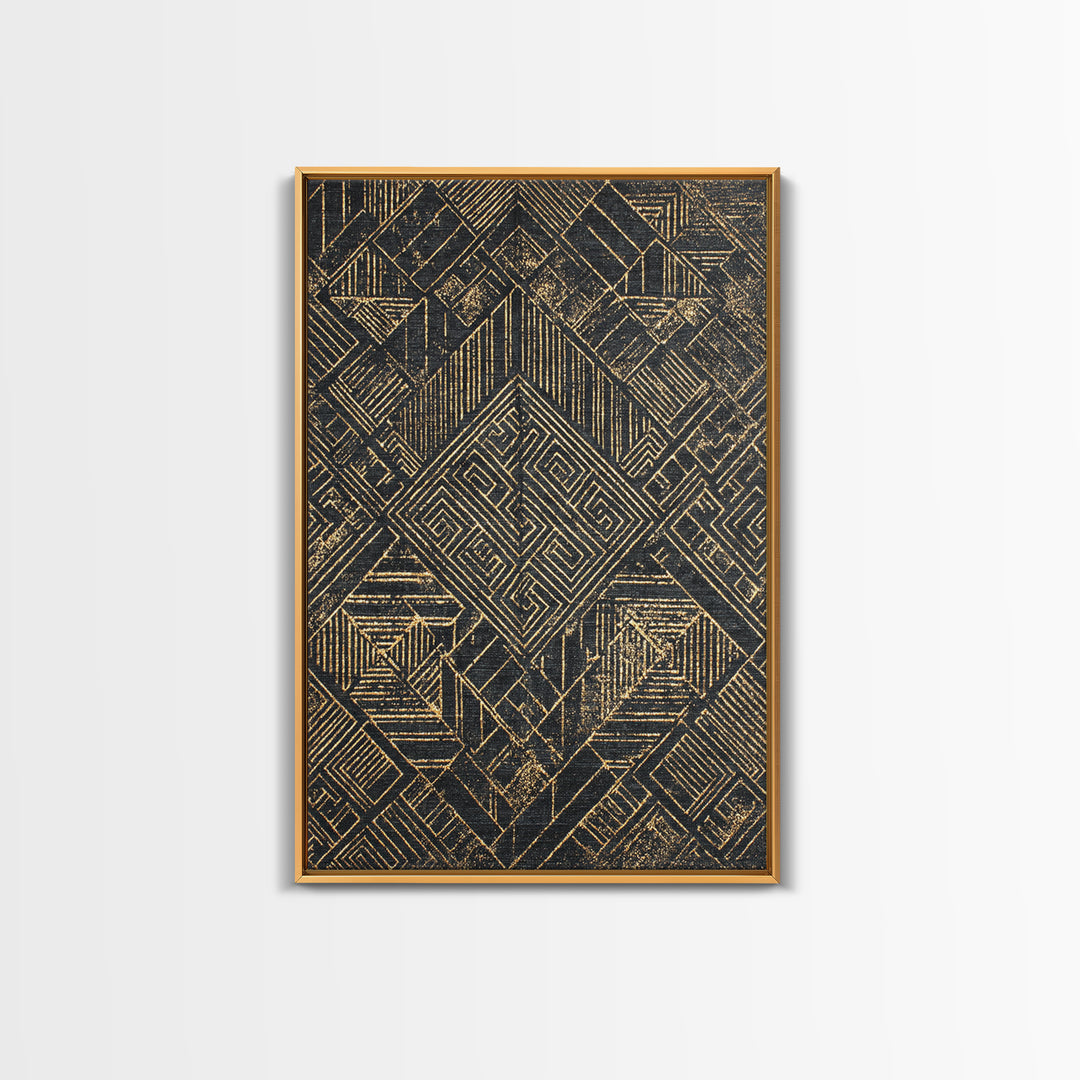 Black Gold Geometric Kuba Pattern Wall Art, African Tribal Decor, Mud Cloth Inspired Canvas, Modern Ethnic Home Decor, Gallery Print