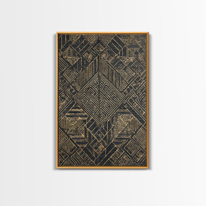 Black Gold Geometric Kuba Pattern Wall Art, African Tribal Decor, Mud Cloth Inspired Canvas, Modern Ethnic Home Decor, Gallery Print