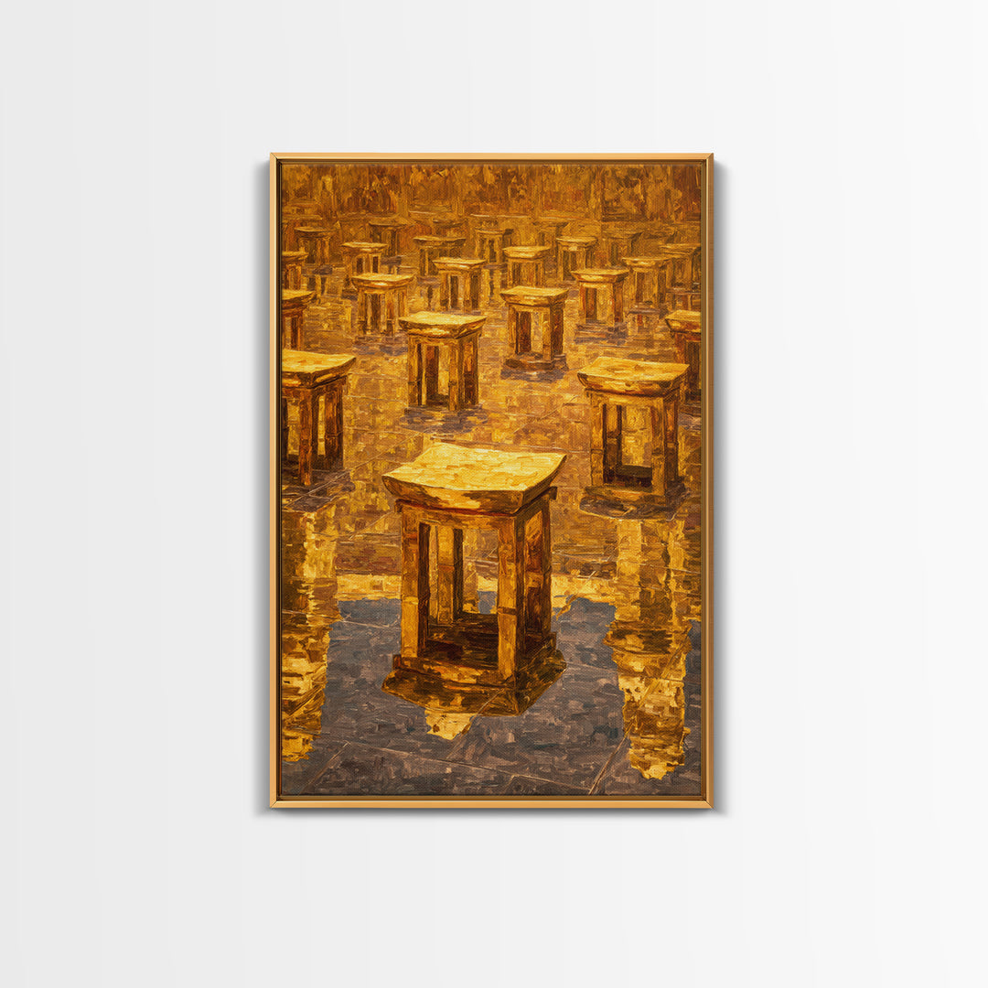 Golden Ancestral Stools In Reflective Hall Framed Canvas Print, African Decor, Cultural Wall Art, Warm Ochre Home Decor Gift