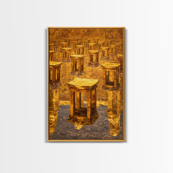 Golden Ancestral Stools In Reflective Hall Framed Canvas Print, African Decor, Cultural Wall Art, Warm Ochre Home Decor Gift