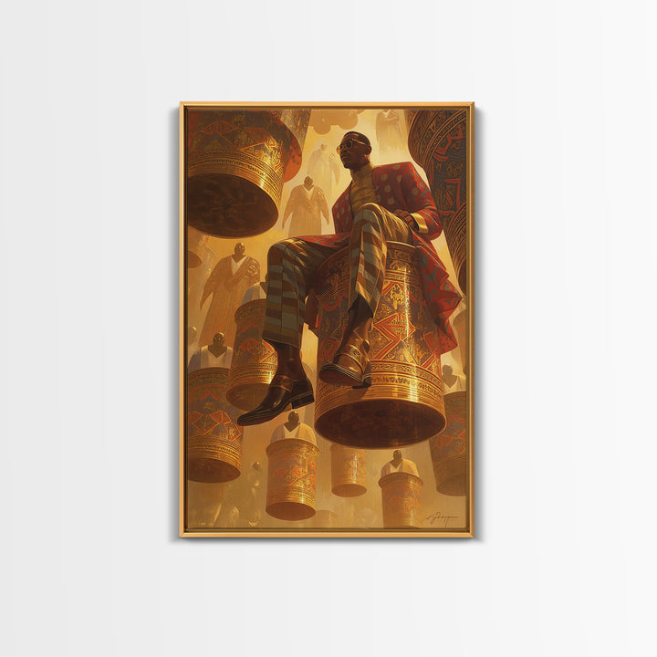 Afrofuturist Man Seated On Floating Drums Canvas Print, African Ankara Art, Regal Black Culture Wall Decor, Bold Gift For Him