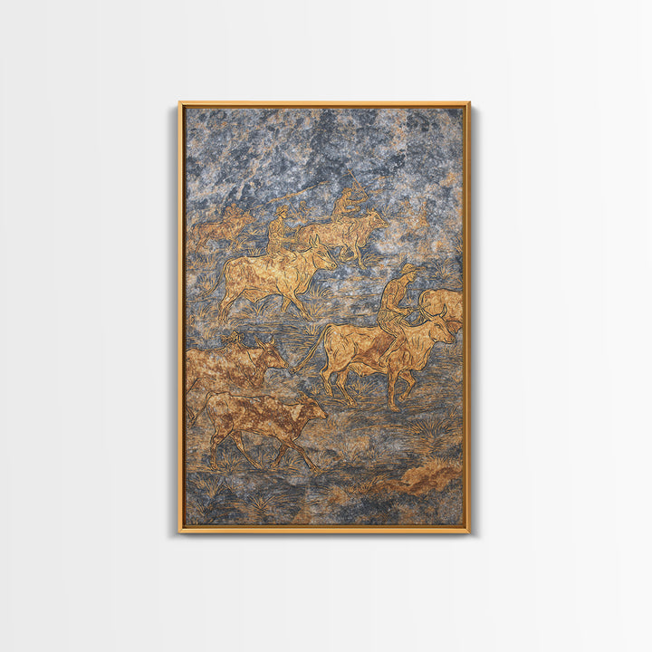Golden Cattle Herders Etched On Blue Stone Wall Art, African Safari Art, Pastoral Tribal Canvas, Cultural Home Decor, Unique Gift