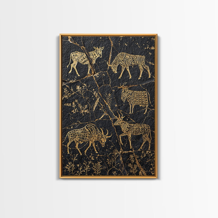 Black Gold Tribal Animal Petroglyph Canvas Print, African Safari Art, Antelope And Zebra Wall Decor, Ancient Rock Art Print
