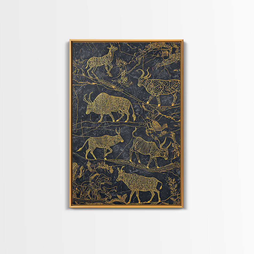 Gold Line Savanna Wildlife Migration Wall Art, African Animal Art, Tribal Antelope Canvas, Black Gold Safari Decor, Statement Gift