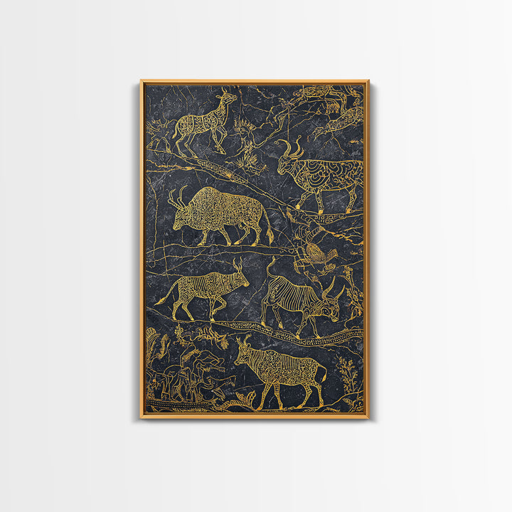Gold Line Savanna Wildlife Migration Wall Art, African Animal Art, Tribal Antelope Canvas, Black Gold Safari Decor, Statement Gift