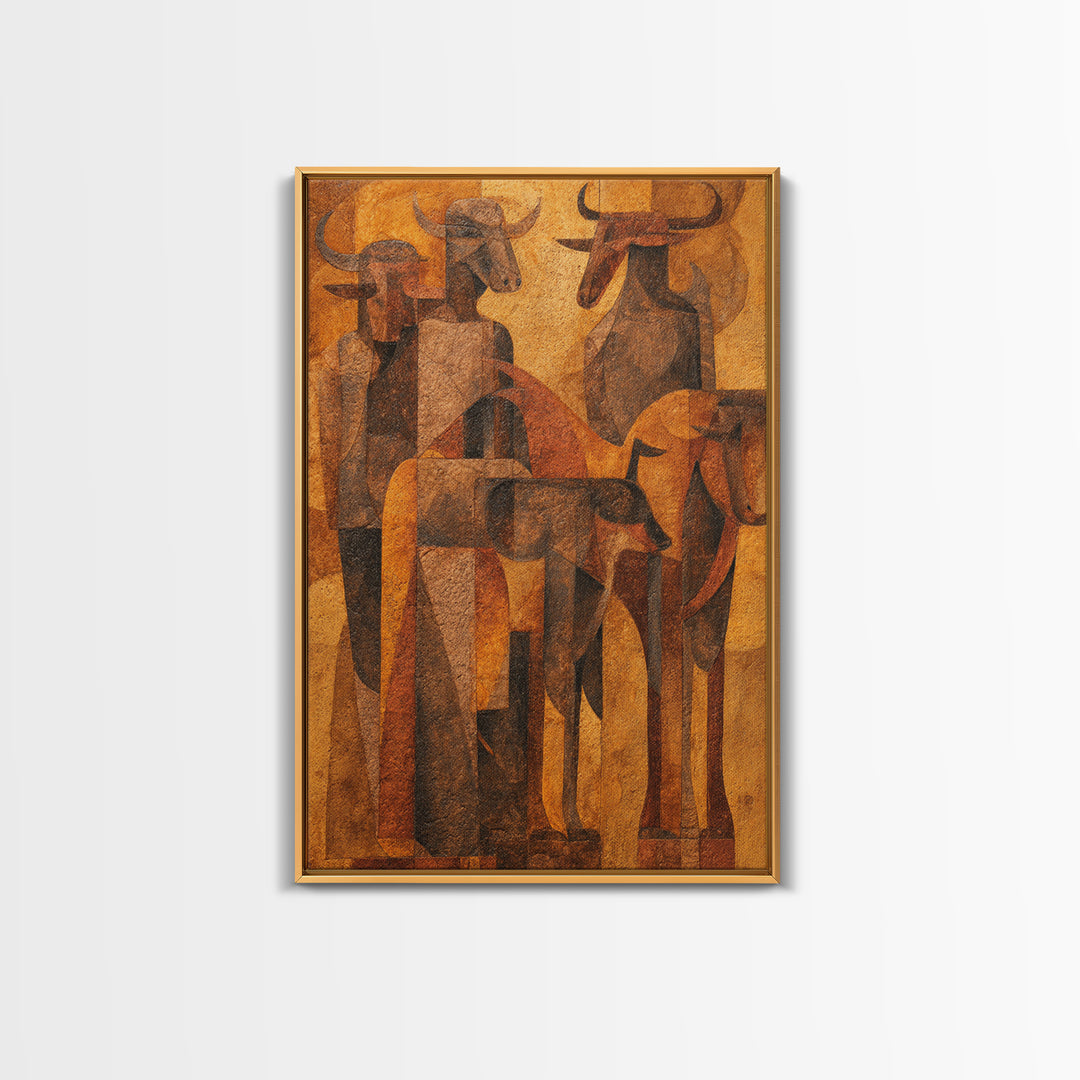 Cubist Cattle Spirits In Burnt Orange Canvas Print, African Abstract Art, Tribal Bull Wall Decor, Modern Gallery Gift For Home