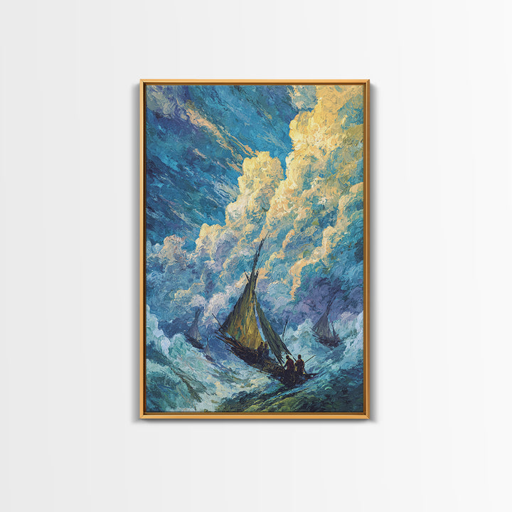 Stormy Sailboat Seascape Framed Canvas Print, Beach Art, Blue Ocean Wall Decor, Coastal Painting, Dramatic Living Room Art
