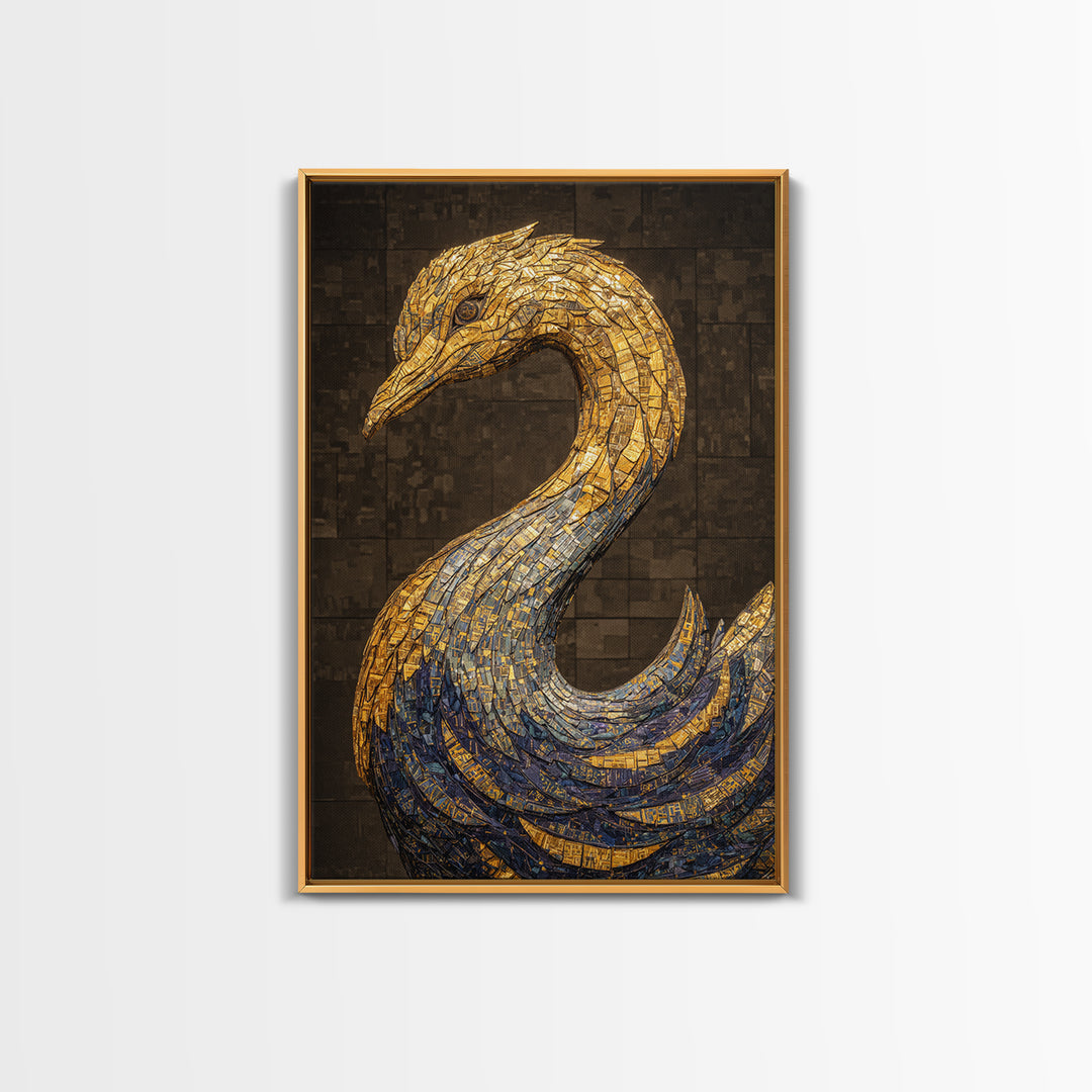 Blue Gold Mosaic Swan Framed Canvas Print, Black And Gold Art, Elegant Wall Decor, Contemporary Canvas, Statement Home Decor