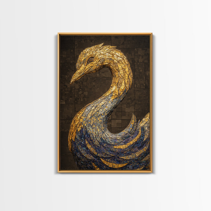 Blue Gold Mosaic Swan Framed Canvas Print, Black And Gold Art, Elegant Wall Decor, Contemporary Canvas, Statement Home Decor