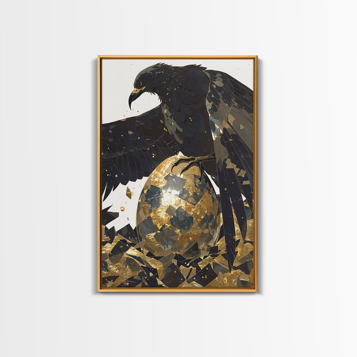 Black Eagle Golden Egg Canvas Print, Black And Gold Art, Animal Wall Decor, Bold Bird Artwork, Contemporary Living Room Art