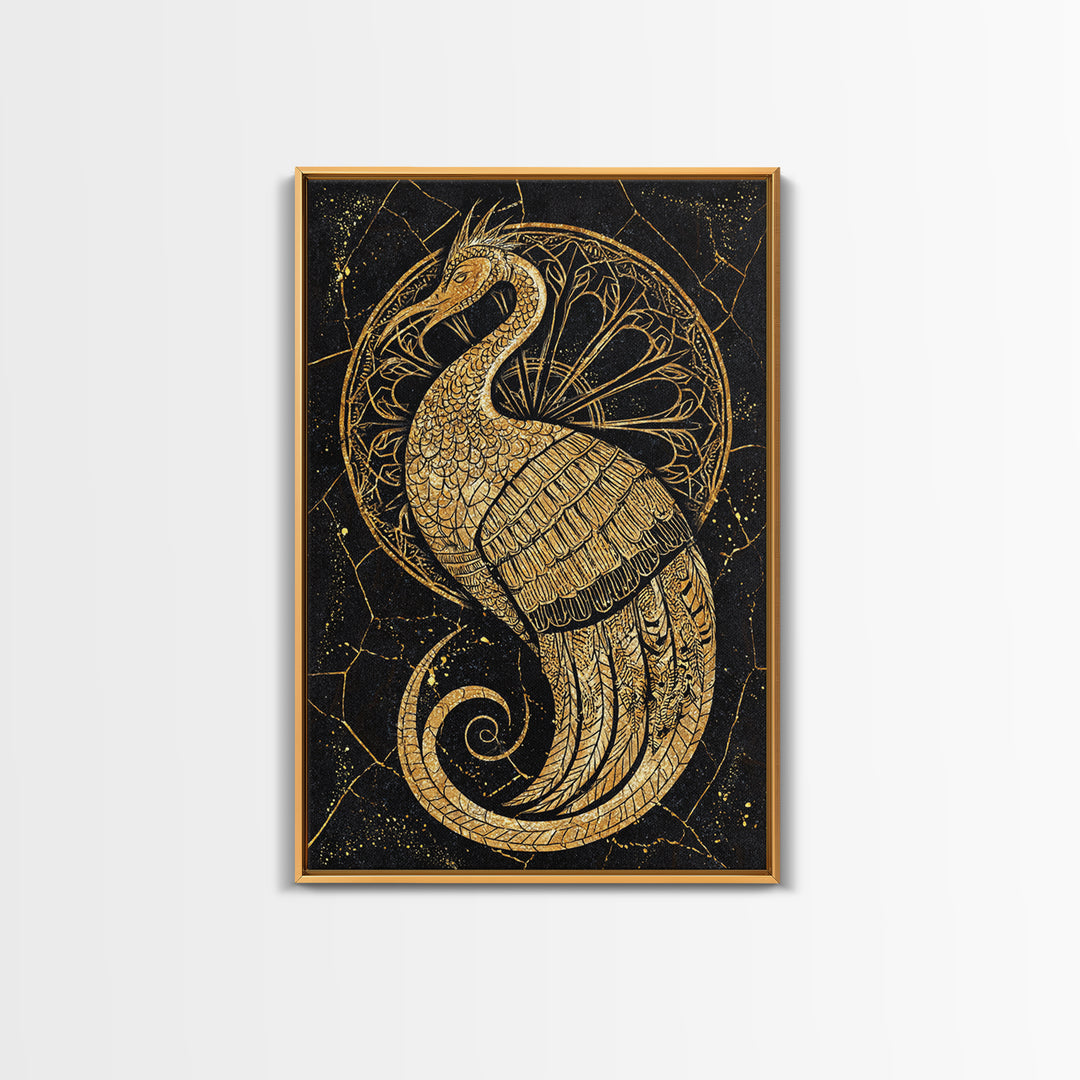 Ornate Golden Peacock Wall Art, Black And Gold Art, African Inspired Wall Decor, Mystical Animal Art, Luxury Canvas Print Gift