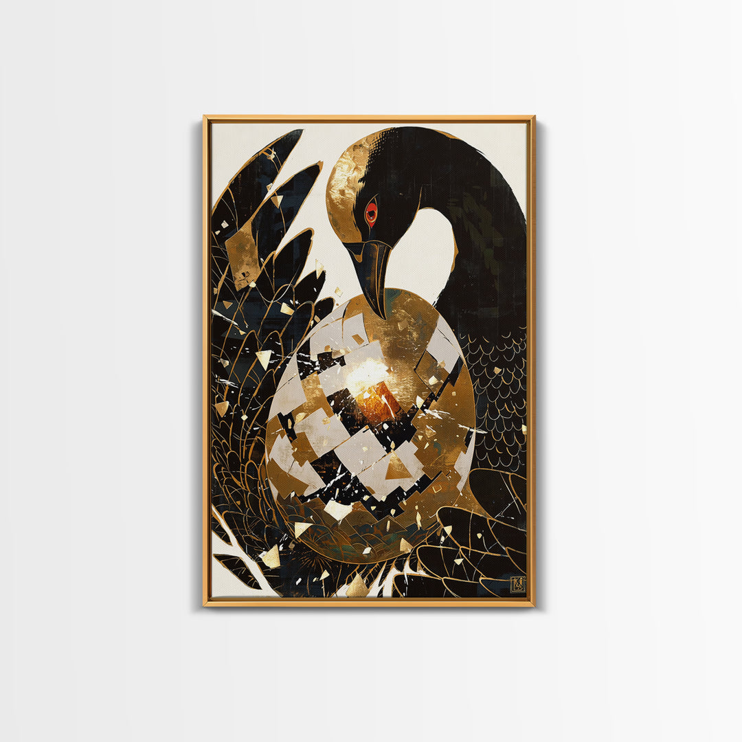 Black Crane With Golden Egg Framed Canvas Print, Black And Gold Art, Modern Bird Wall Decor, Elegant Home Decor, Unique Gift