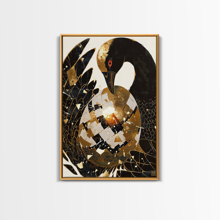 Black Crane With Golden Egg Framed Canvas Print, Black And Gold Art, Modern Bird Wall Decor, Elegant Home Decor, Unique Gift