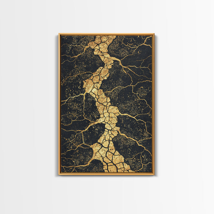 Gold Vein Crackle Abstract Canvas Print, Black And Gold Wall Art, Modern African Inspired Decor, Textured Art Print, Gift