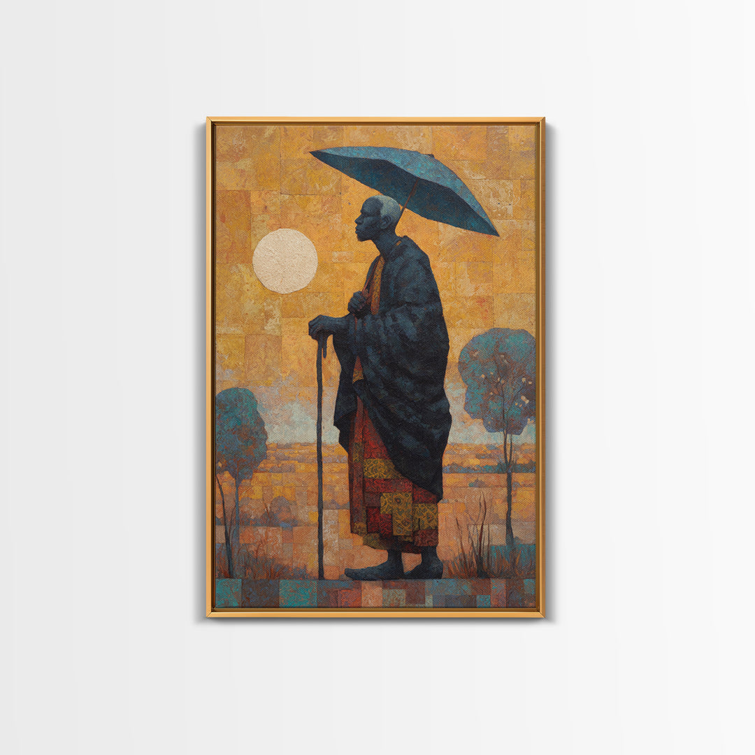 Elder With Blue Umbrella Wall Art, African Portrait Canvas Print, Burnt Orange Art, Afrocentric Decor, Meaningful Gift For Him