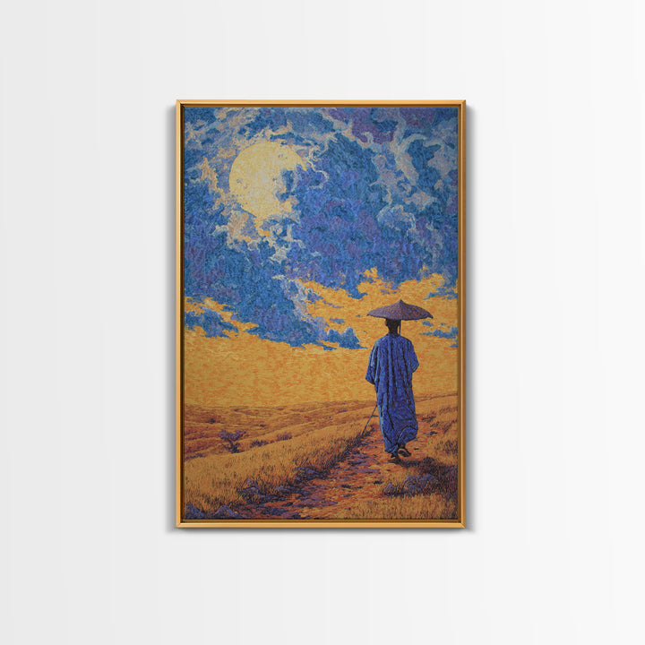Blue Robed Traveler Under Moon Canvas Print, African Landscape Wall Art, Dreamy Wall Art, Cultural Home Decor, Gift For Him