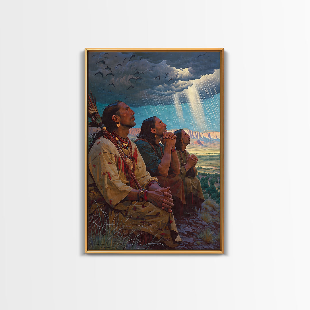 Tribal Elders Praying Under Storm Clouds Wall Art, African Warrior Art Print, Cultural Landscape, Spiritual Home Decor, Gift