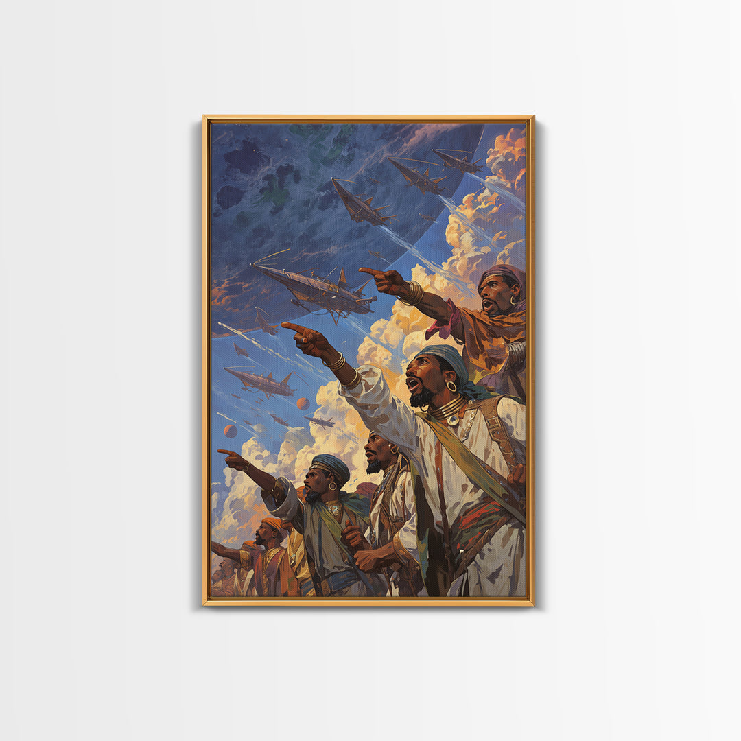 Afrofuturist Warriors Pointing At Sky Ships Wall Art, African Warrior Art, Modern African Art Print, Bold Cultural Decor