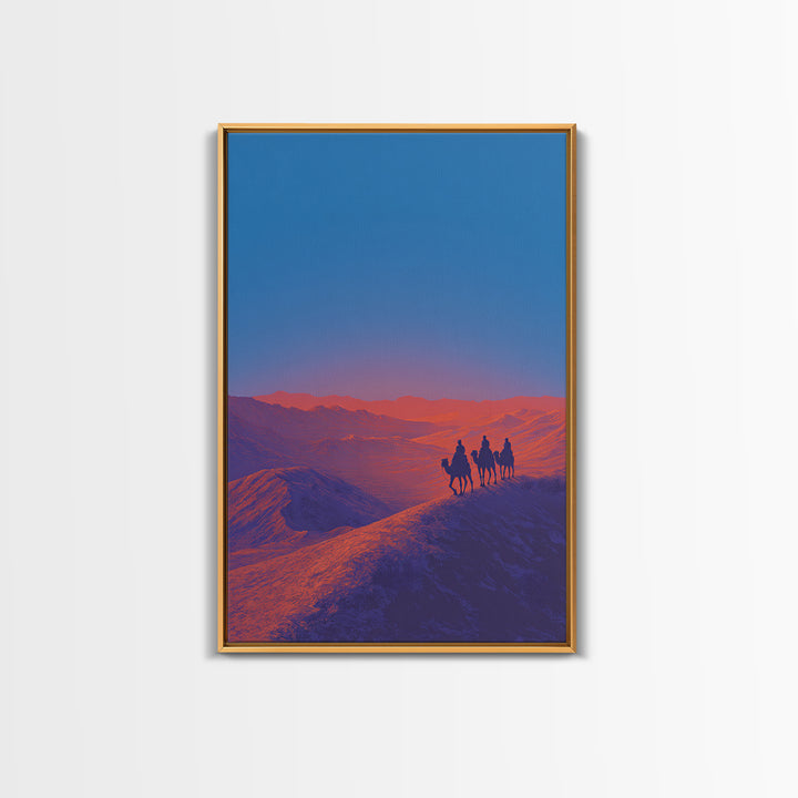 Camel Riders On Blue Desert Ridge Wall Art, African Landscape Print, Modern Safari Art, Sunset Mountain Unique Home Decor Gift