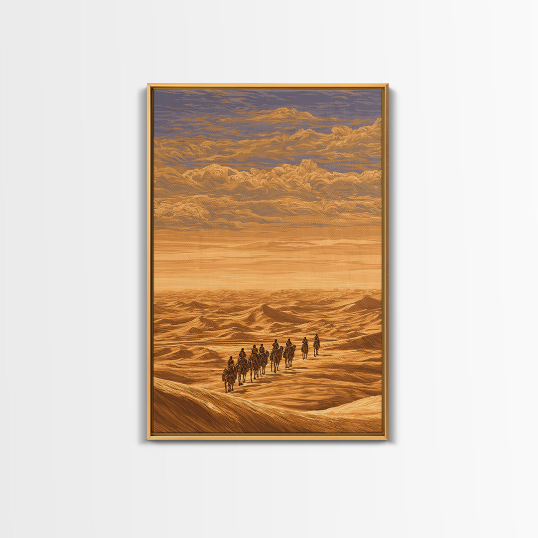 Golden Desert Caravan Across Dunes Canvas Print, African Safari Art, Sahara Landscape, Boho Wall Decor, Living Room Decor