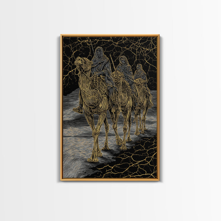Gold Line Camel Riders On Black Desert Wall Art, African Travel, Tribal Decor, Sahara Poster, Bold Boho Home Decor, Statement Piece