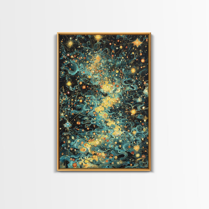 Glowing Celestial Swirls With Stars Canvas Print, Abstract Art, Teal And Gold Wall Decor, Dreamy Modern Home Decor, Gift For Her