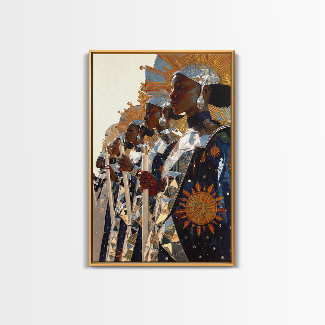 Afrofuturist Women In Silver Sun Armor Canvas Print, Black Women Art, African Queen, Empowered Women, Luxury Wall Decor Gift