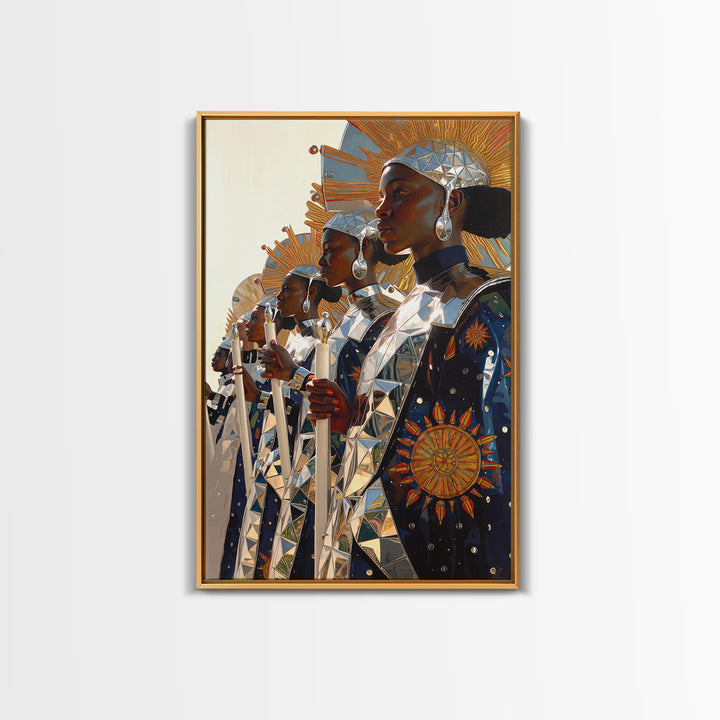 Afrofuturist Women In Silver Sun Armor Canvas Print, Black Women Art, African Queen, Empowered Women, Luxury Wall Decor Gift