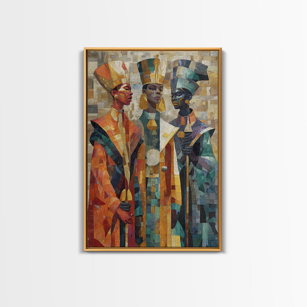 Three Regal African Figures Framed Canvas Print, Cubist Mosaic Portrait, Tribal Queen Art, Cultural Wall Decor, Bold Home Decor