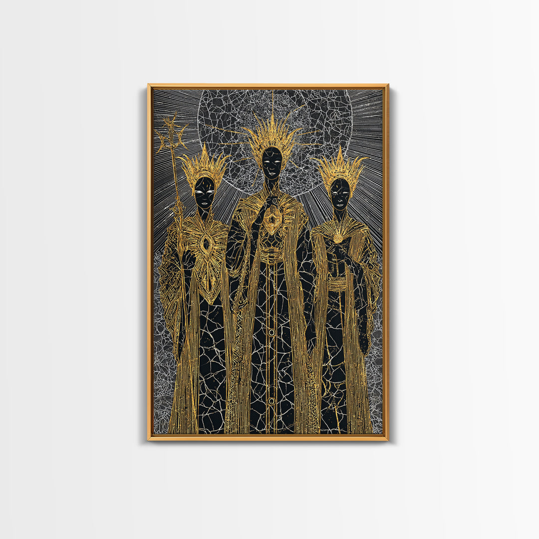 Three Black Gold Priestesses Canvas Print, Mystical African Portrait, Spiritual Wall Art, Goddess Artwork, Afrocentric Decor