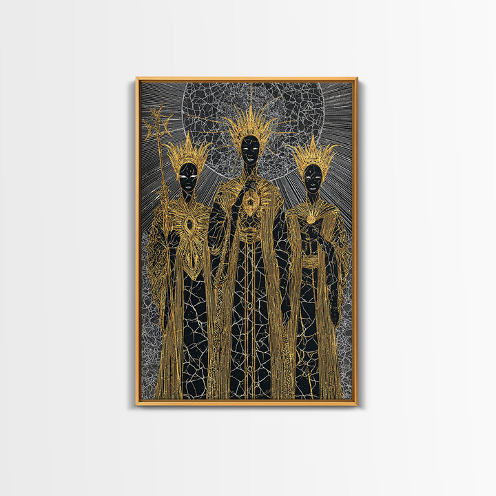 Three Black Gold Priestesses Canvas Print, Mystical African Portrait, Spiritual Wall Art, Goddess Artwork, Afrocentric Decor