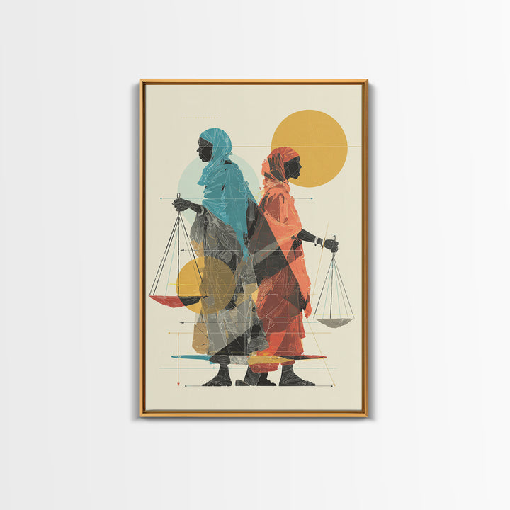 Two Veiled African Women With Scales Canvas Print, Modern Justice Portrait, Afrocentric Wall Decor, Feminine Wall Art Gift