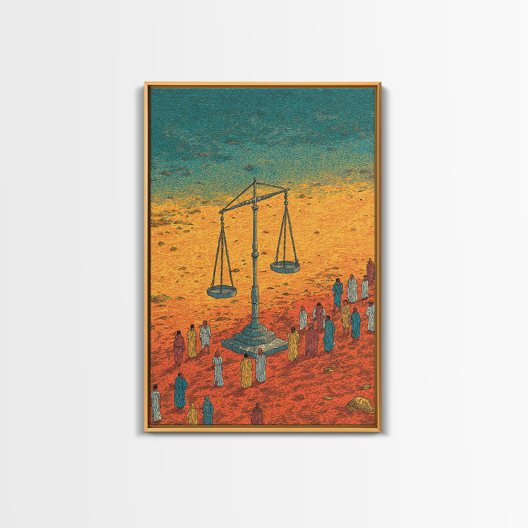 Desert Justice Scales With Robed Figures Wall Art, African Culture Art Print, Afrocentric Decor, Statement Living Room Decor