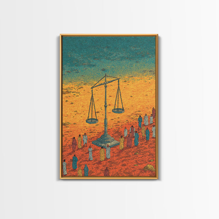 Desert Justice Scales With Robed Figures Wall Art, African Culture Art Print, Afrocentric Decor, Statement Living Room Decor