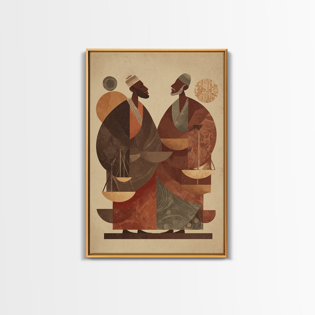 Two African Men With Balance Scales Framed Canvas Print, African Wall Art, Cultural Art Print, Afrocentric Home Decor Gift