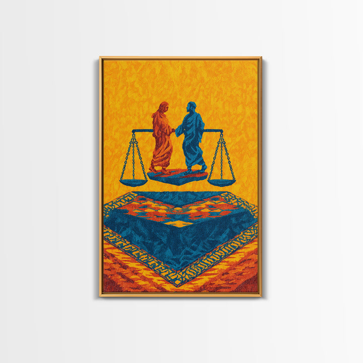Balanced Figures On Blue Rug Wall Art, African Inspired Justice Painting, Cultural Wall Decor, Bold Afrocentric Canvas Print