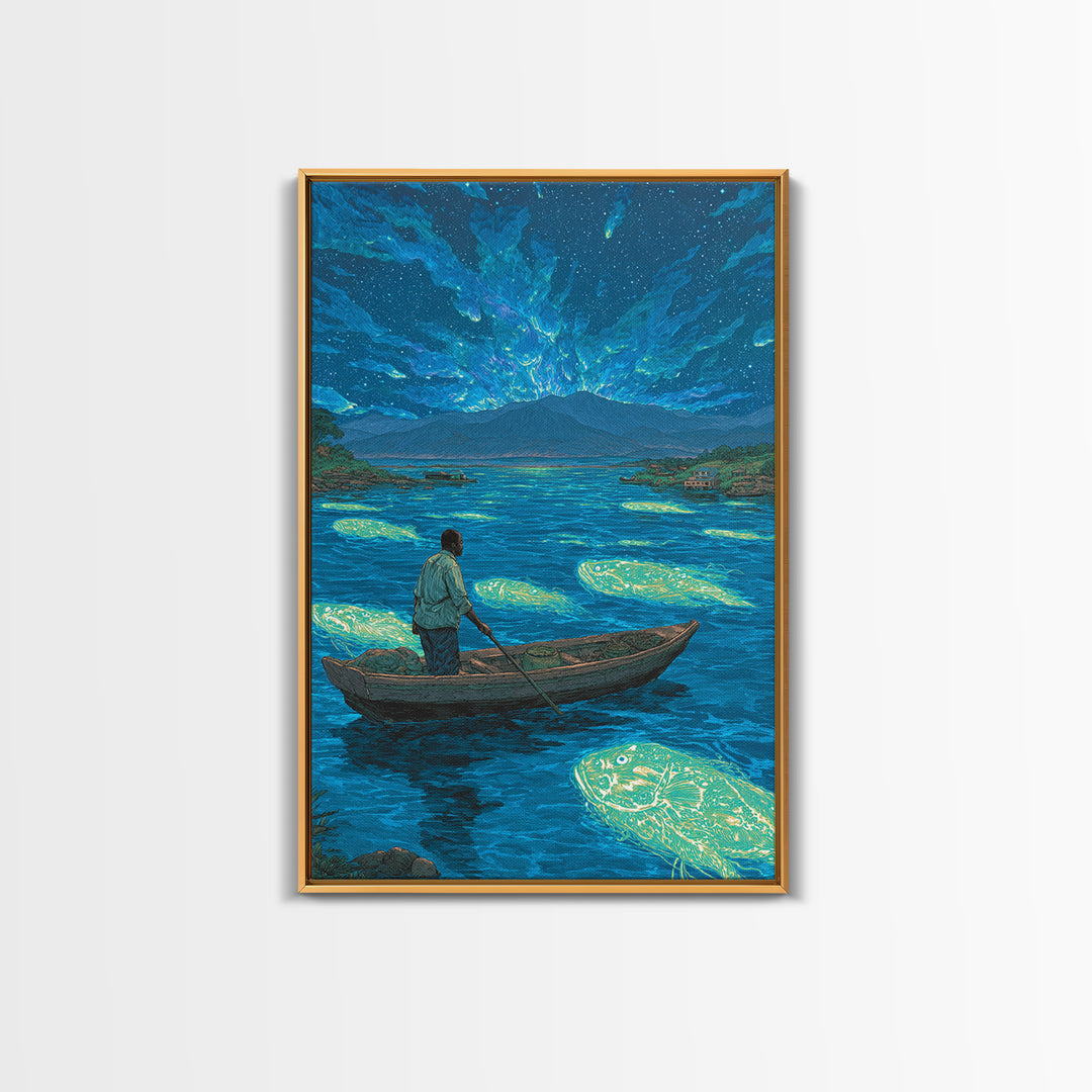 Starlit Fisherman On Glowing Blue Lake Canvas Print, African Landscape Wall Art, Dreamy Nature Scene, Unique Home Decor Gift