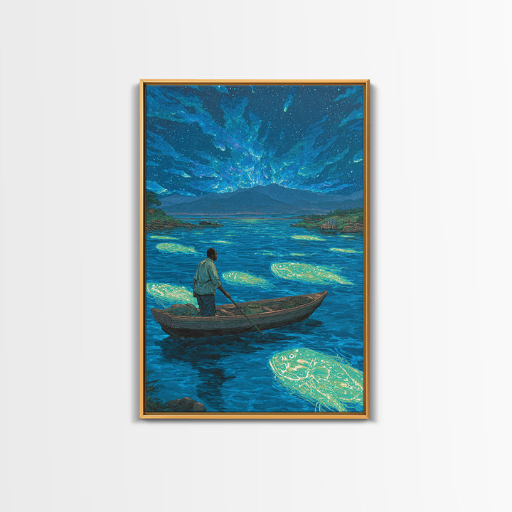 Starlit Fisherman On Glowing Blue Lake Canvas Print, African Landscape Wall Art, Dreamy Nature Scene, Unique Home Decor Gift