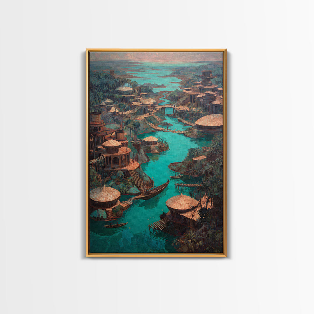 Turquoise River Village With Round Huts Wall Art, African Landscape Canvas Print, Jungle African Decor, Unique Living Room Art